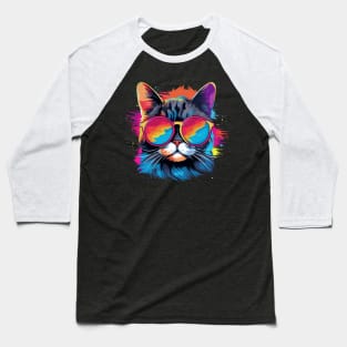 Party Cat in Sunglasses Men Women 80s 90s Retro Funny Cat Baseball T-Shirt